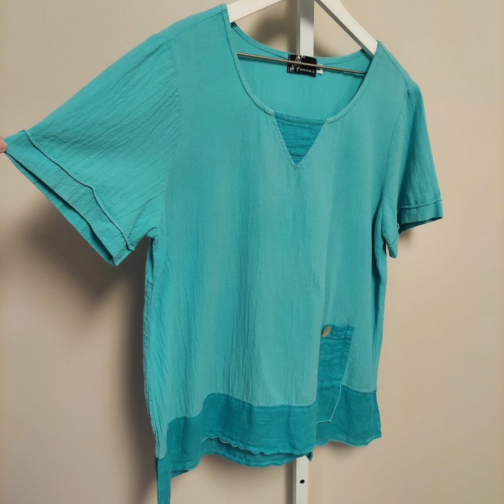 Fenini Turquoise Cotton Linen Mixed Media Short Sleeve Top M Beach Lagenlook Art